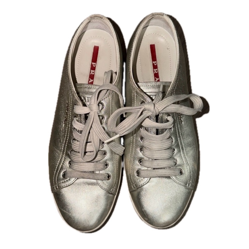 Prada Metallic Silver Leather Low Top Sneakers, size 38.5 - Picture 2 of 15